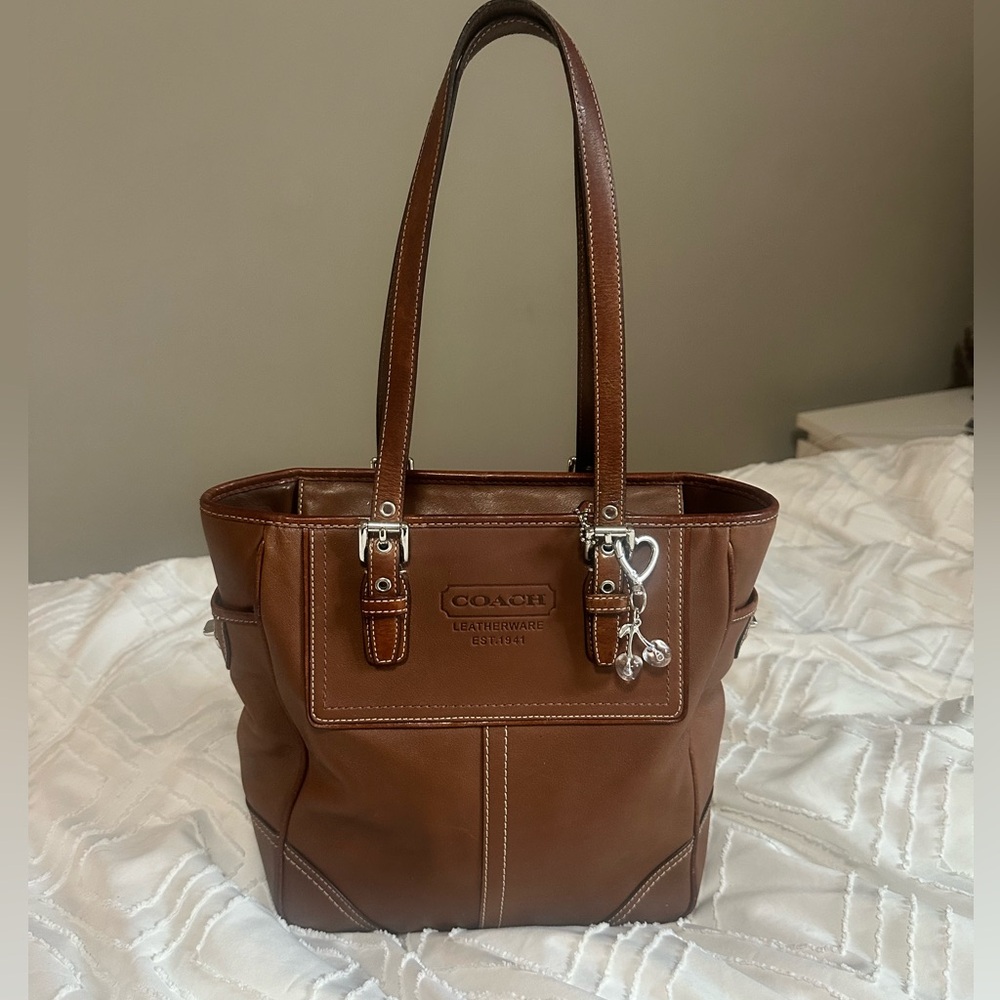 Coach Brown Leather Tote with cherry Charm